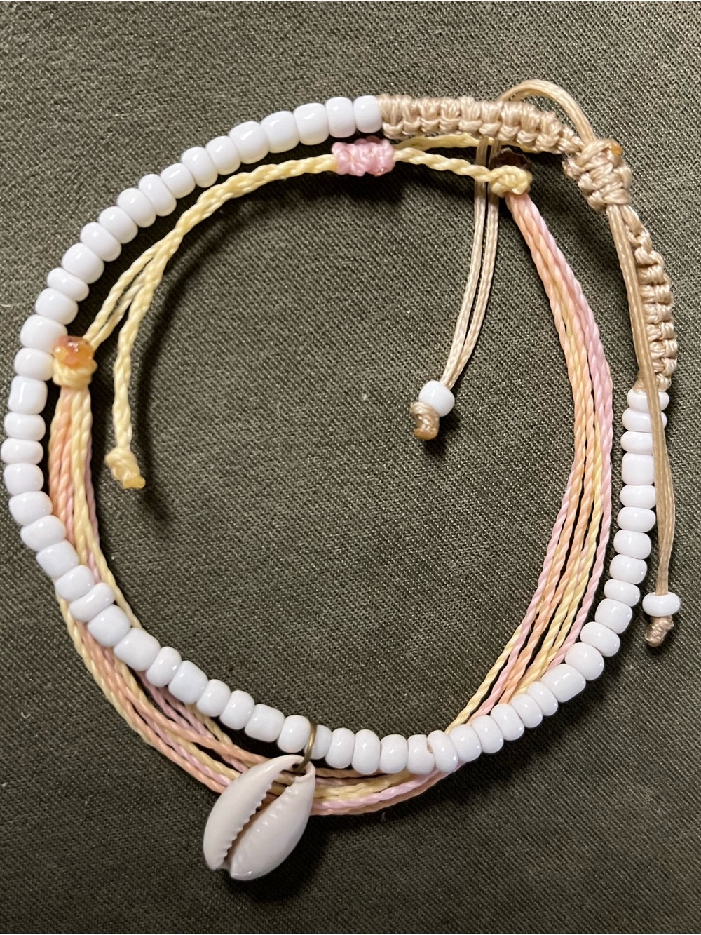 Pastel Shell Beaded Adjustable Anklet/Bracelet - White & peach string